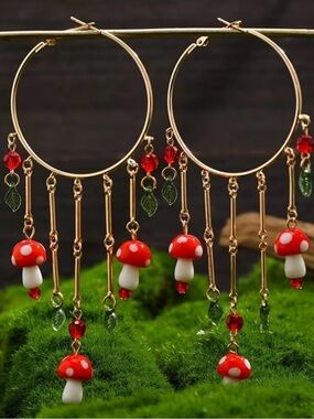 Gold Hoop Mushroom Charm Tassel Earrings